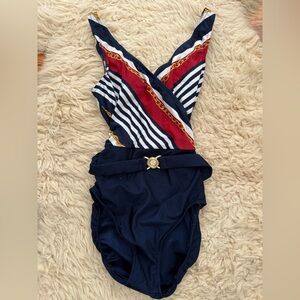 Nautical Women’s Red and Blue Striped Swimsuit with Belt